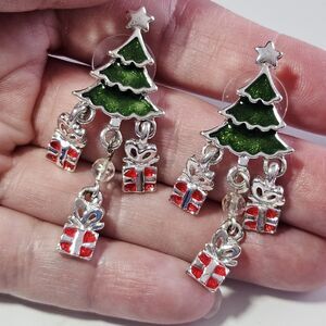 Silver Tone Green Enamel Tree With Red Enamel Dangling Presents Earrings